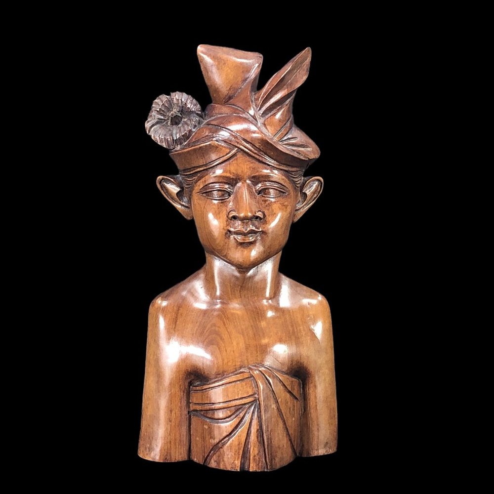 Vintage Bali Klungkung Indonesia Man Male Warrior Wood Carving Bust 11 in High